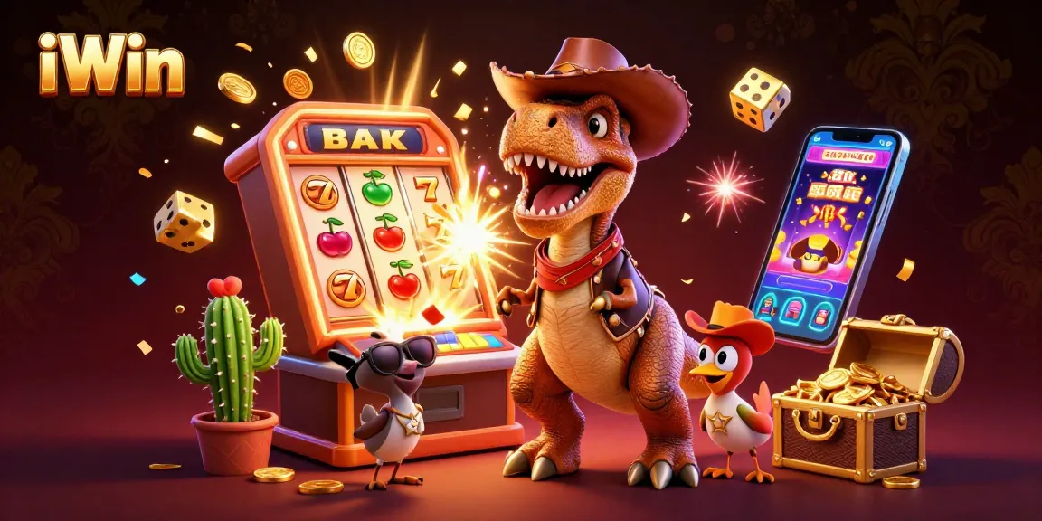 Spin to win at iWin with a vibrant 3D illustration of a T-Rex and friends enjoying casino thrills.