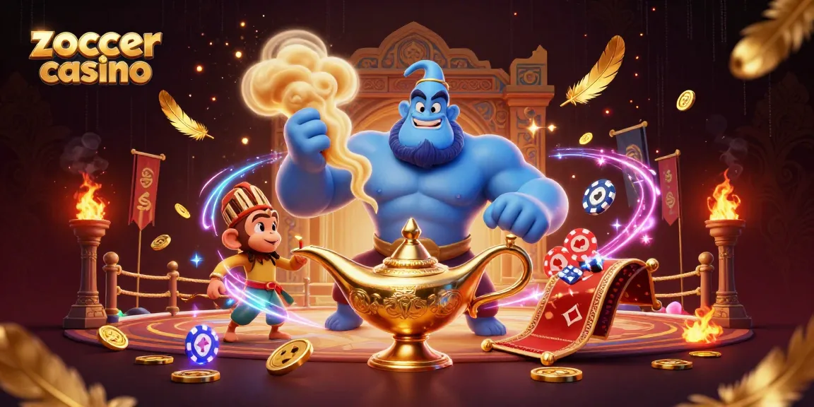 Zoccer casino reveals an enchanting scene with a genie, monkey, and poker chips illuminating a magical casino atmosphere.