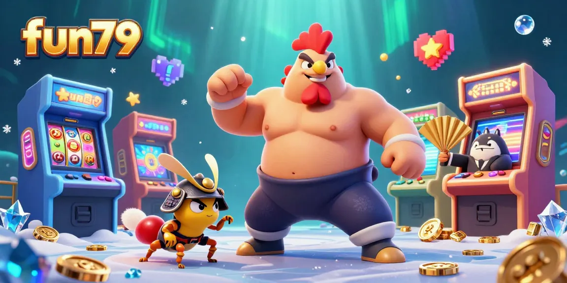 Experience the excitement of fun79 with a vibrant 3D casino scene featuring unique characters and gaming elements.