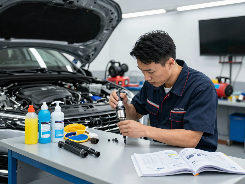 DPF Reinigung Laatzen: Technik prüft modernen Diesel-Auto-DPF in freundlicher Werkstatt.