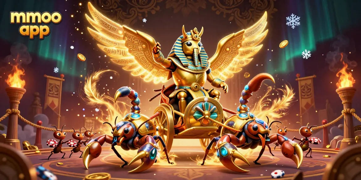 Engage with the mmoo app experience, showcasing a golden scarab beetle in a vibrant casino-inspired scene.