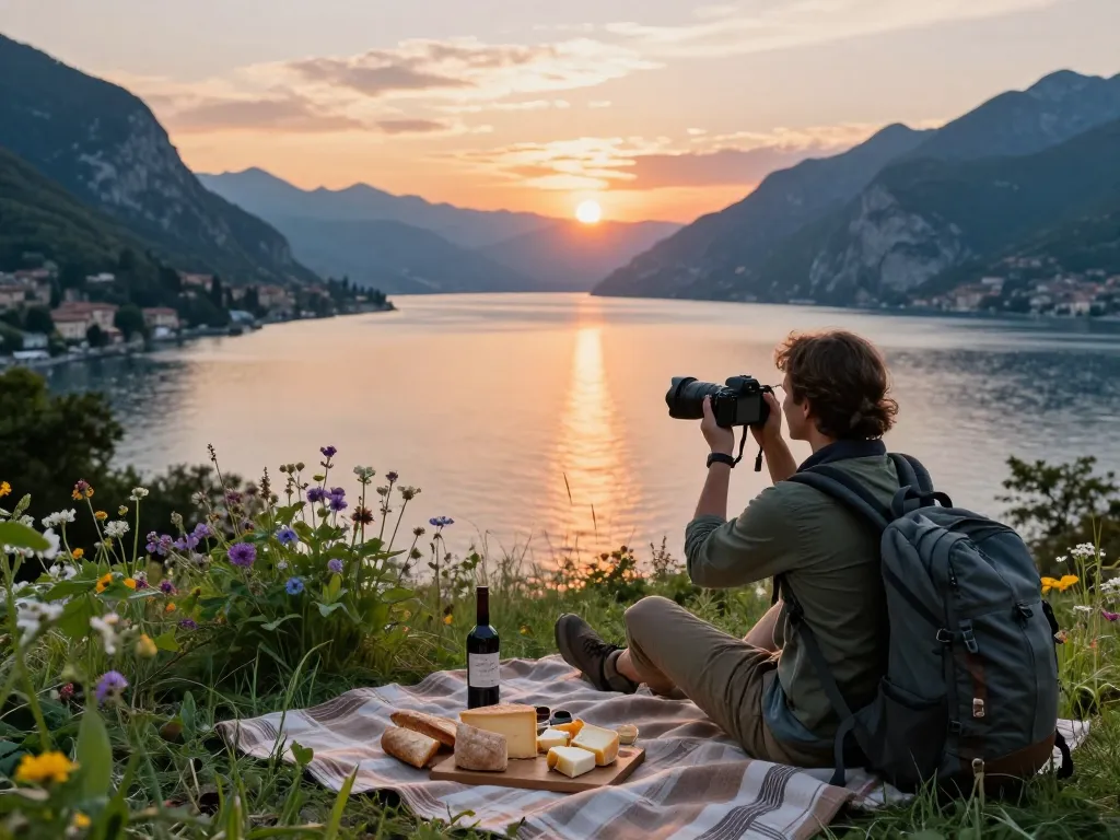 Reisender, der bei Sonnenuntergang Gardasee Reisetipps mit atemberaubendem Blick auf den See festhält.