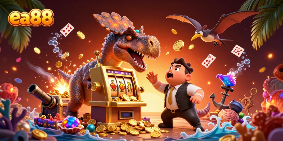 ea88 jackpot scene with a dinosaur, slot machine wins, and flying coins in a casino
