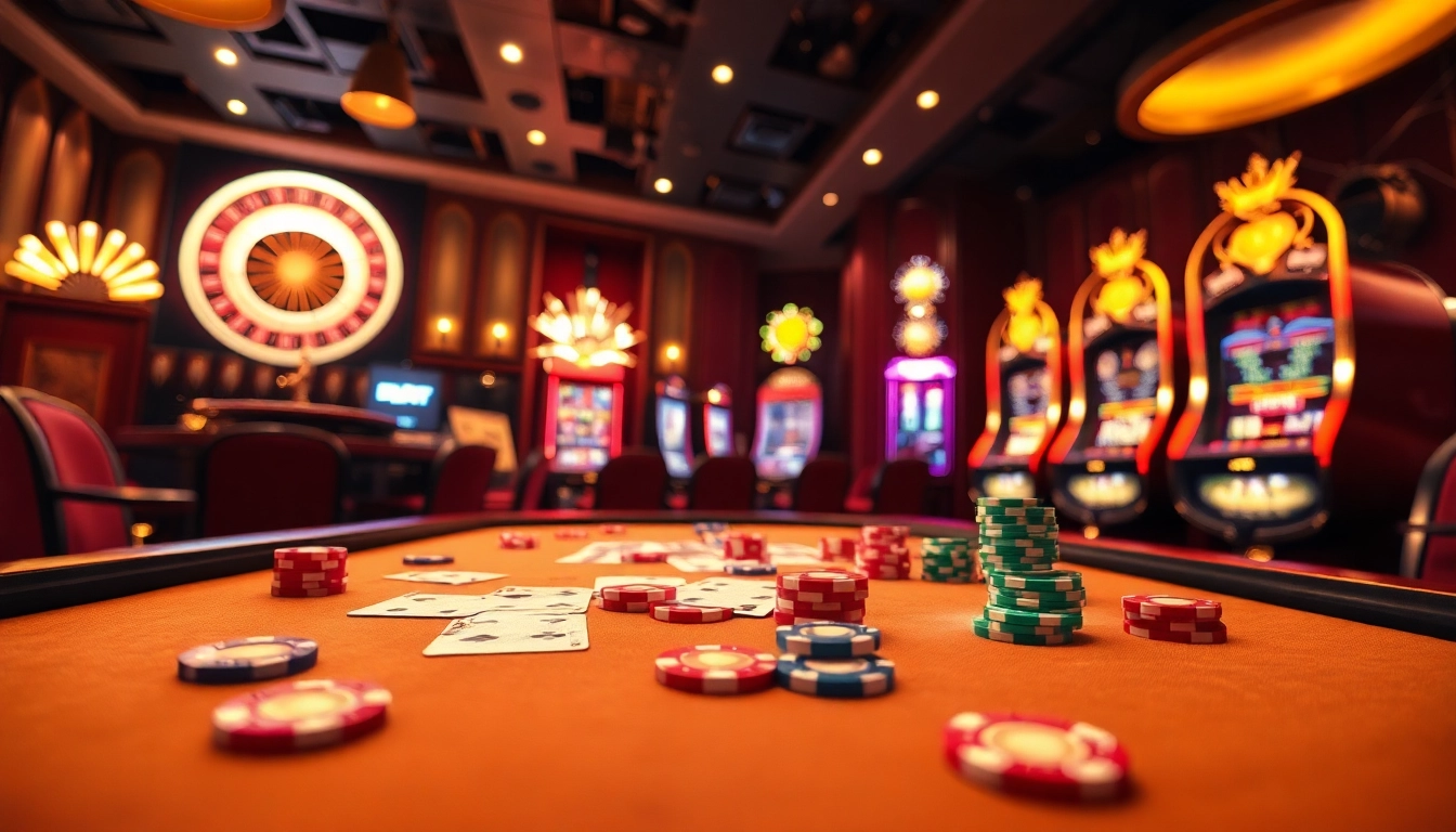 Engaging scene at home Jl55 casino, highlighting a luxurious poker table and vibrant slot machines.