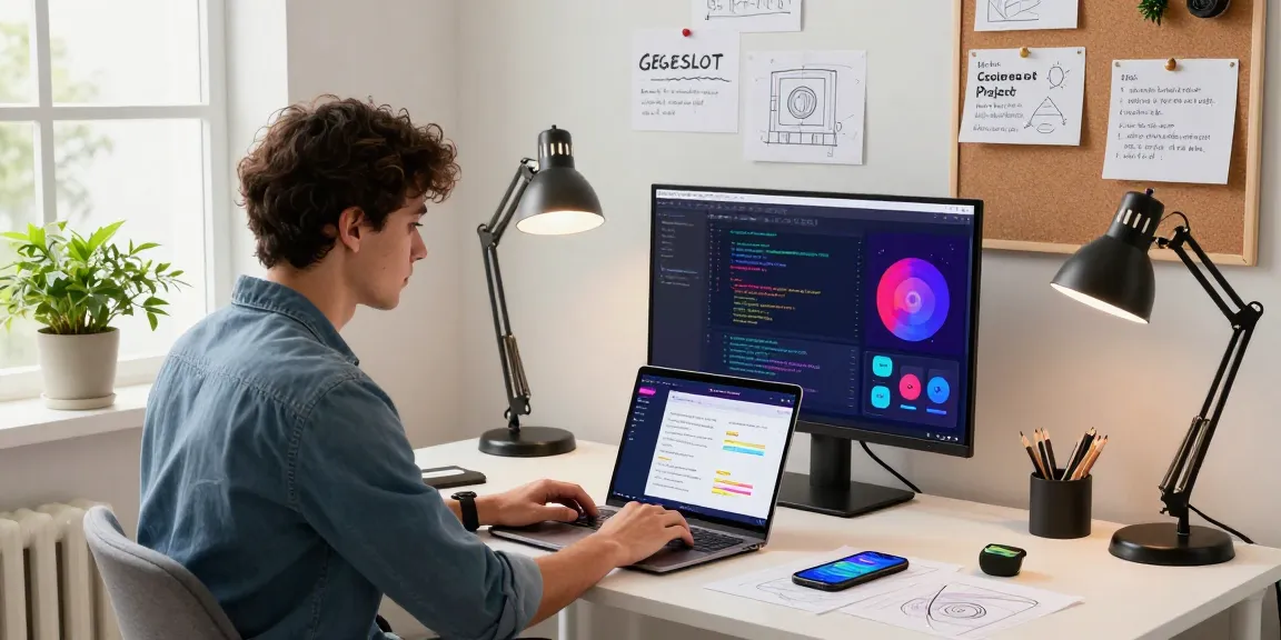 Pengusaha muda merancang proyek GEGESLOT di kantor rumah modern dengan laptop dan sketsa di sekitarnya.