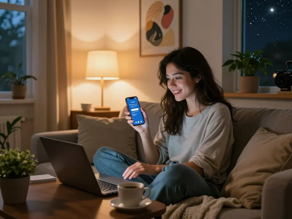 Engaging chat with a girlfriend AI in a cozy living room, showcasing emotional connection and modern digital romance.