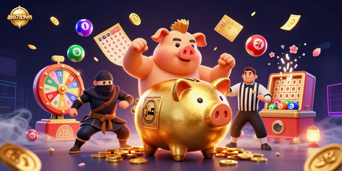 Engaging scene of alo789vn casino action featuring a dynamic sumo wrestler, ninja, and referee with golden coins showering down.