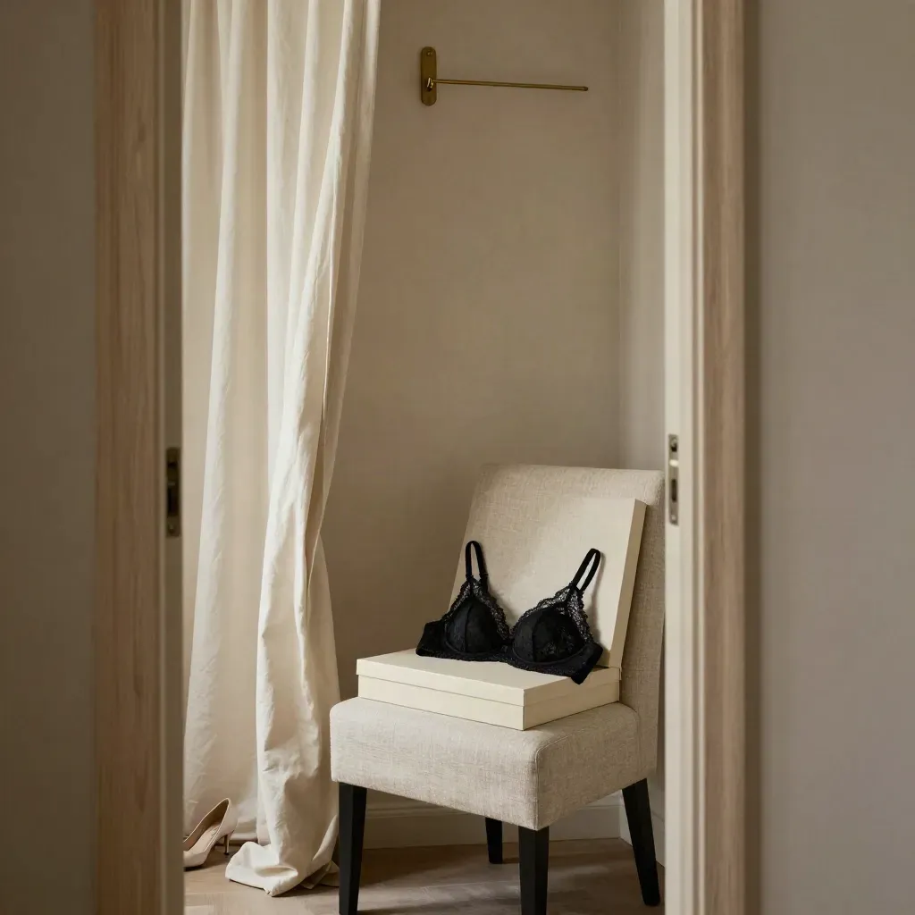 Lace-BH, offene Box und Pumps im Ankleidezimmer, vom Vorhang bewegt.