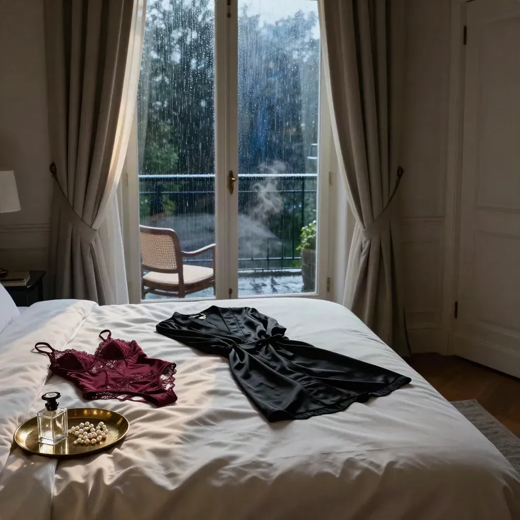 Hotelbett mit Lingerie, Parfüm und Perlen im Regenlicht bei Morgendämmerung.