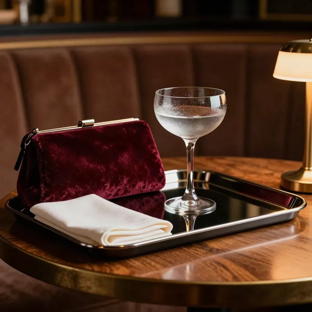 Bordeaux-Clutch und Champagnerglas auf schwarzem Tablett im warmen Hotelbar-Licht