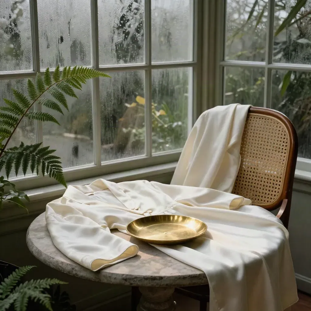 Ivorysatin, Messingschale, Robe und Rohrstuhl im vernebelten Wintergarten.