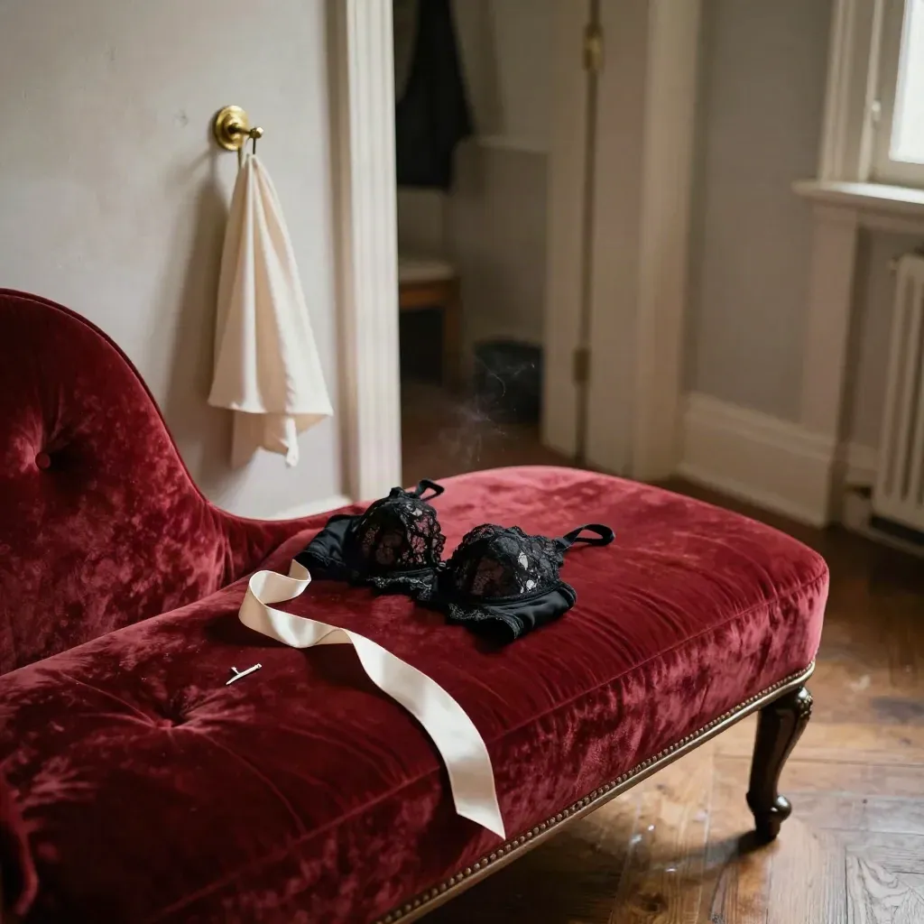 Rote Samtchaise im Ankleidezimmer mit schwarzer Spitze, Satinband und Morgenlicht.