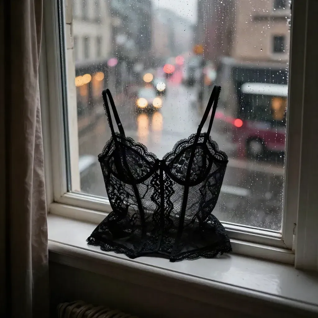 Regennasses Fenster mit schwarzem Spitzen-Bodysuit und Stadtlichtern im Spiegel