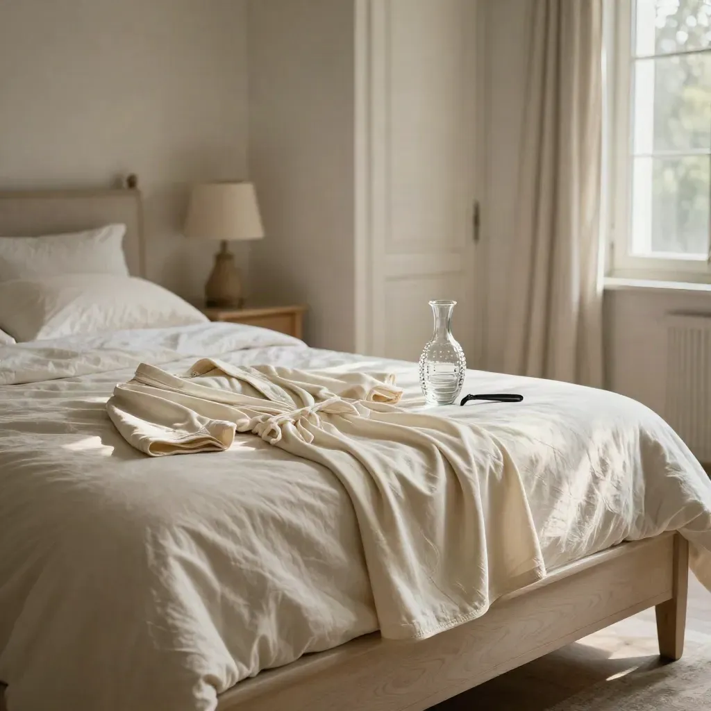 Ivoryfarbener Seidenslip auf einem sonnenbeschienenen Bett mit Morgenrobe und Glaskaraffe.