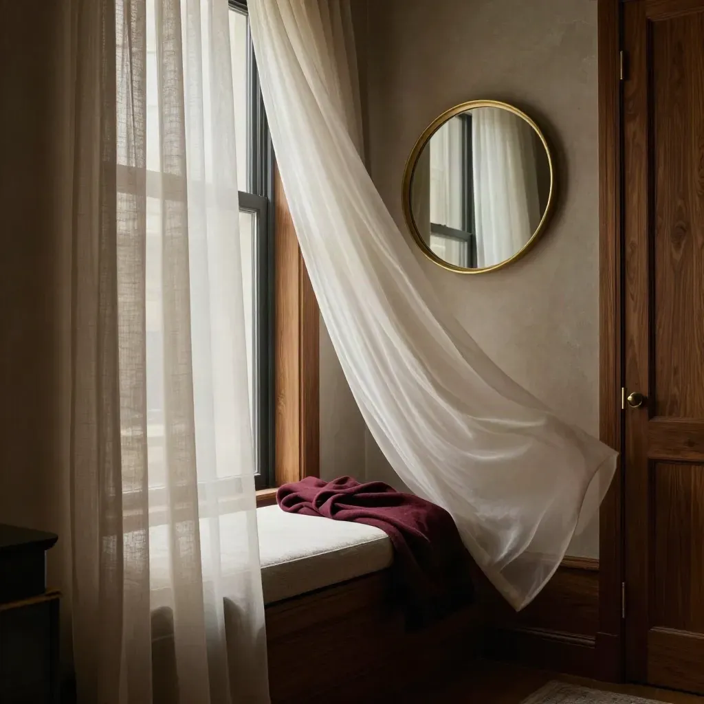 Vorhang am Fenster, Fensterbank mit Bordeauxdecke und rundem Spiegel im warmen Licht