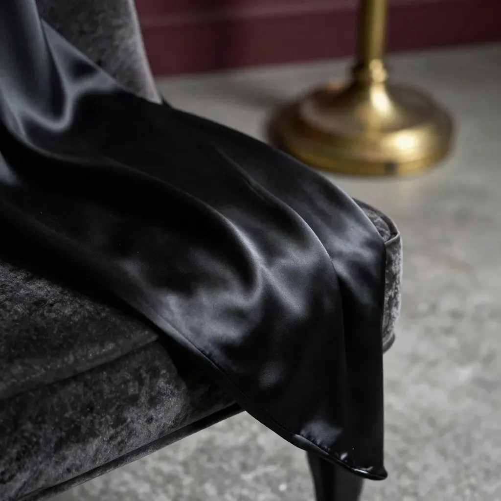 Schwarzes Satinkleid auf Samtstuhl, Steinboden und verschwommene Messinglampe im Hintergrund.