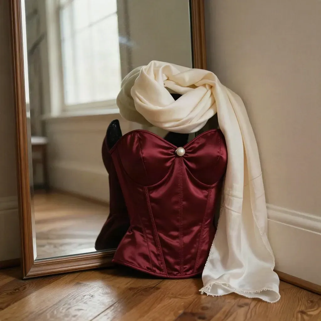 Bordeauxfarbenes Satin-Bustier mit Perlenverschluss an einem Spiegel, daneben ein heller Schal.