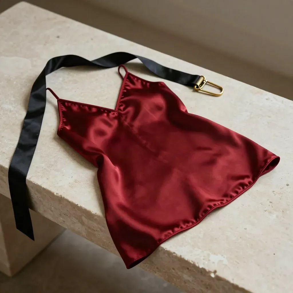 Rotes Satin-Slip auf hellem Stein, daneben schwarzes Band und Messingverschluss.