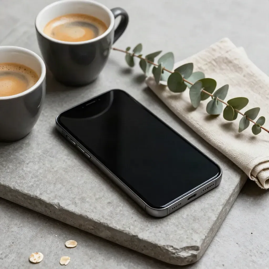 Smartphone auf Steintray mit Espressotassen, Leinen und Eukalyptus, frisch gesendete Nachricht.
