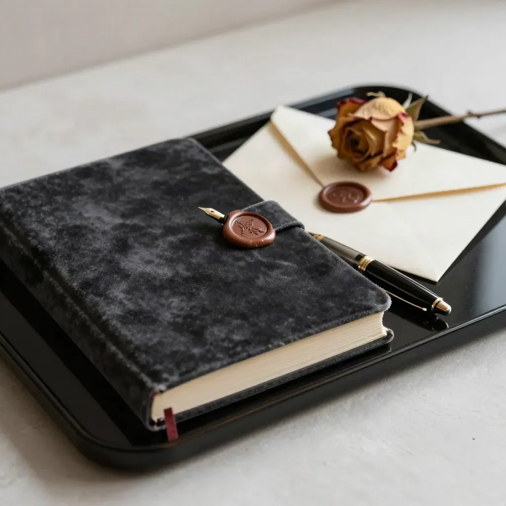 Velvet-Journal mit Siegelsiegelbrief, Füller und getrockneter Rose auf hellem Lacktablett.