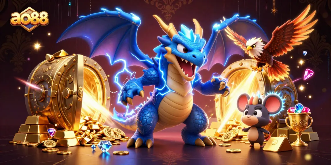 Spin the reels with ao88 and uncover treasures in this vibrant casino-themed scene.