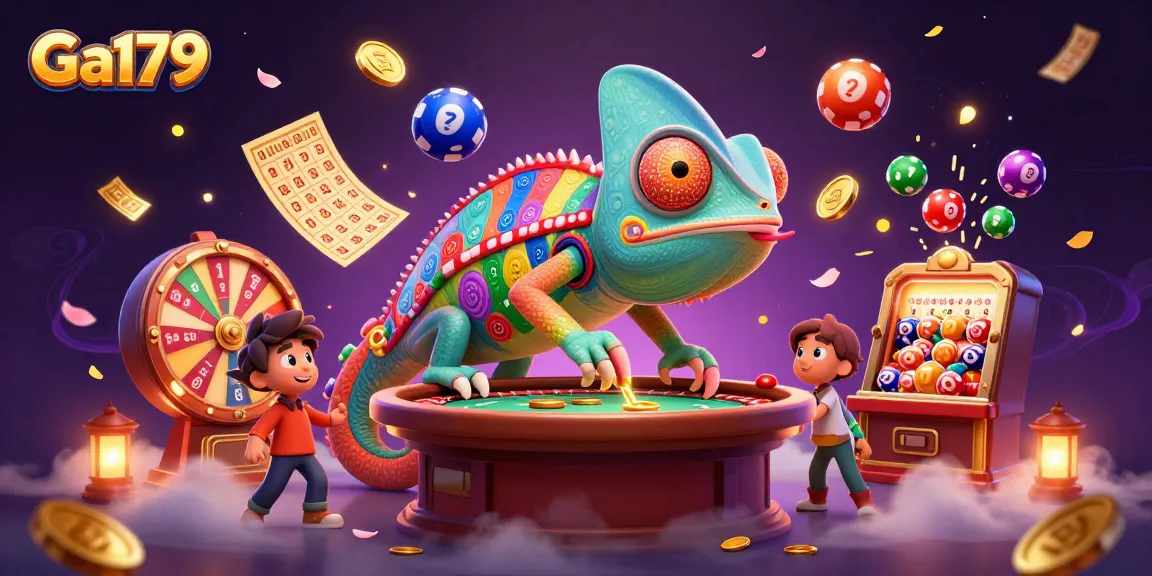 Experience thrilling gameplay at Ga179 with a dynamic scene of vibrant casino elements and a chameleon owner!