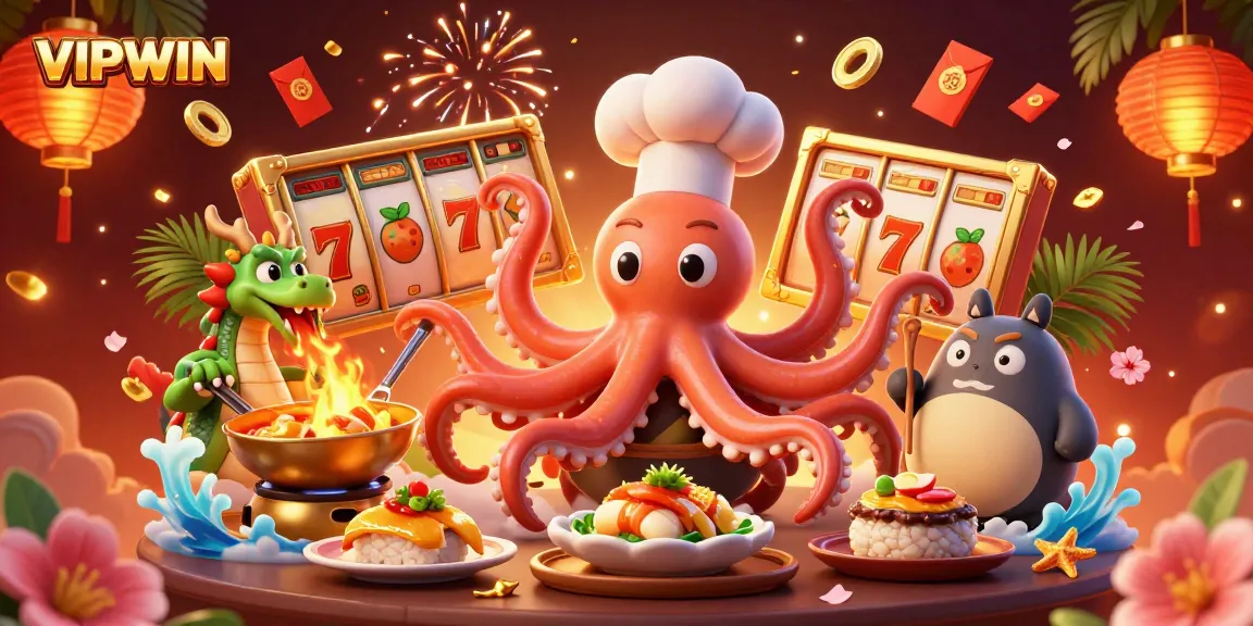 Experience exciting wins with VIPWIN illustrated as an ultra-detailed scene of a sushi chef octopus and dragon.