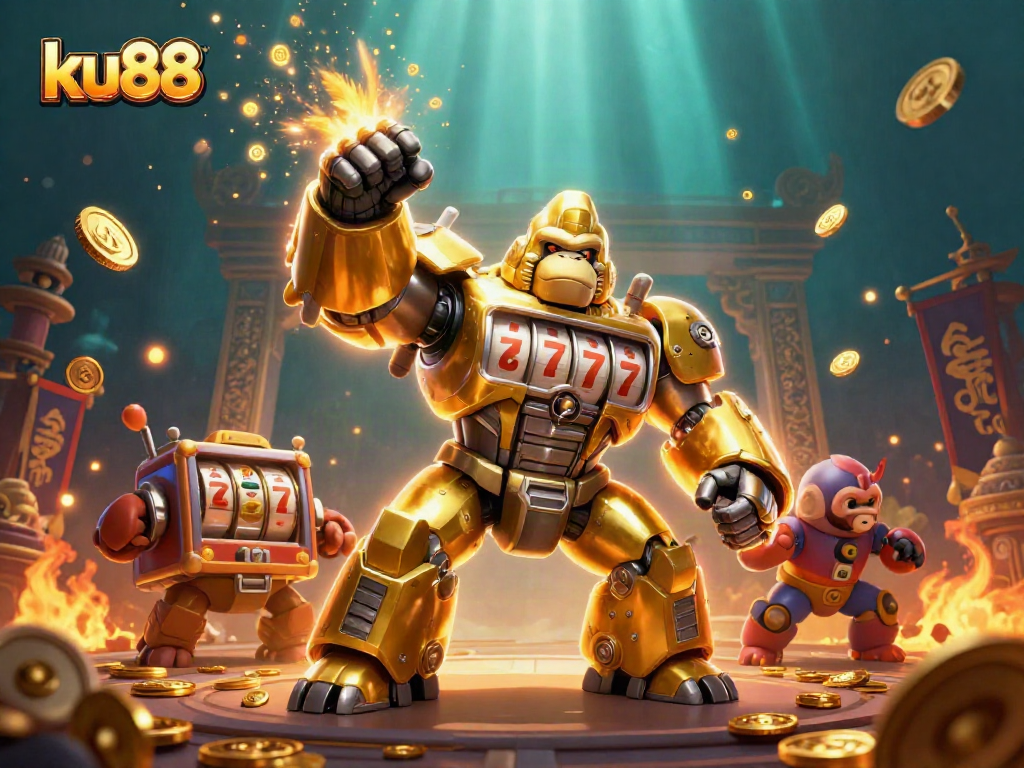 Experience thrilling gameplay with ku88 as a golden gorilla mech brings excitement in a vivid gambling arena.