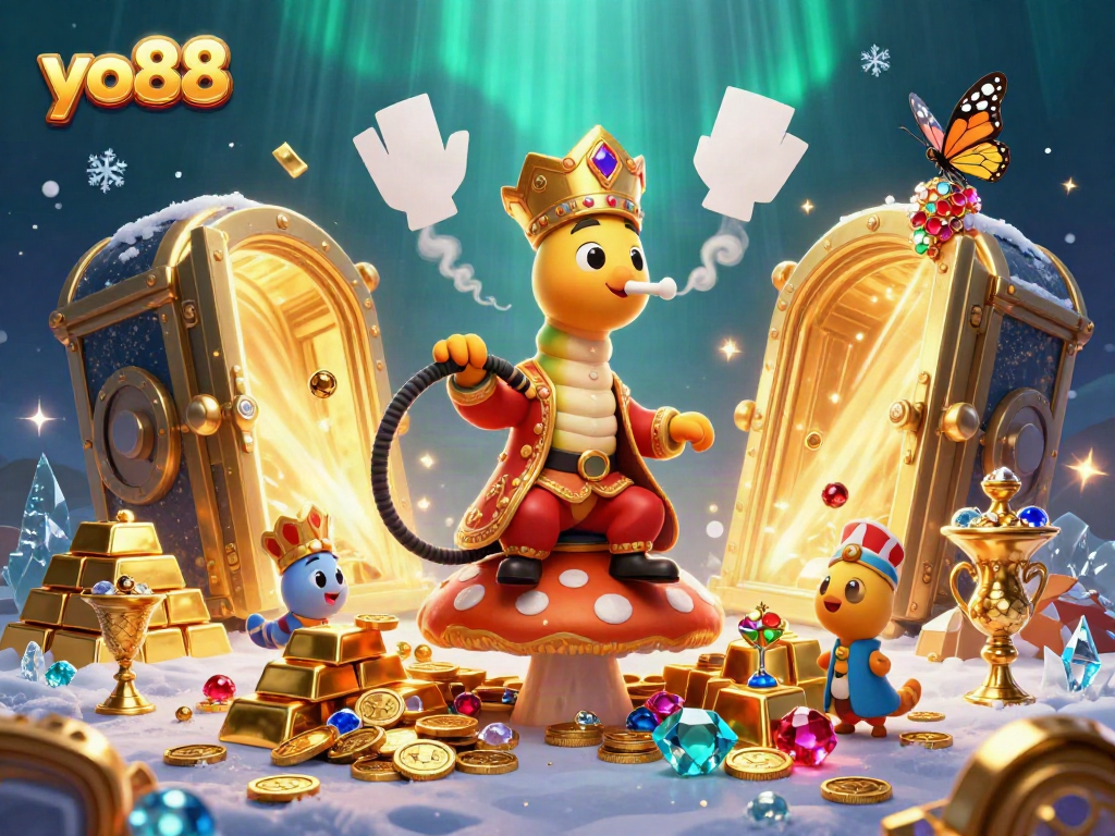 Win exciting rewards at yo88 with a vibrant scene of gambling elements and a cartoon caterpillar master.