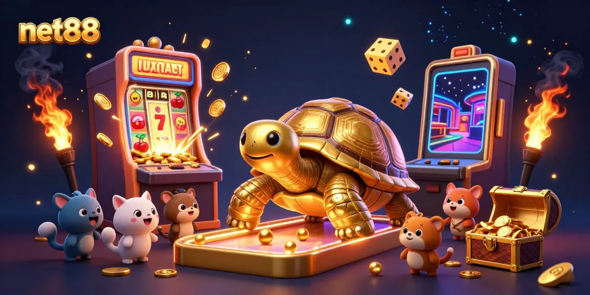 Experience the excitement of net88 with a 3D illustration showcasing a golden tortoise pinball machine surrounded by casino game elements.