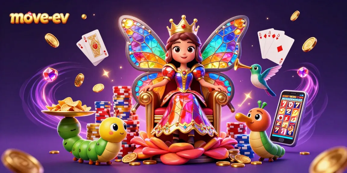 Win big with move-ev's vibrant illustration depicting a butterfly queen in a lively gambling scene.