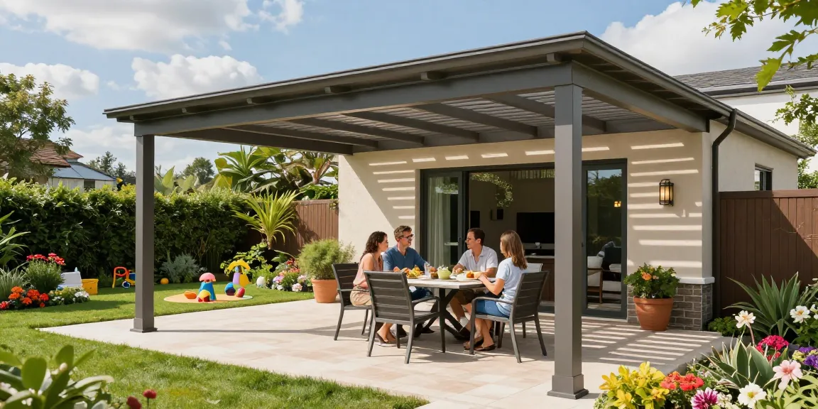 Moderne freistehende Terrassenüberdachung in einem einladenden Garten mit Familie bei sonnigem Wetter.