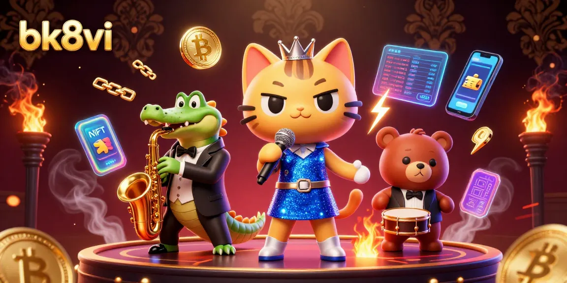 Engage with bk8vi's thrilling casino vibes featuring a singing cat, jazz crocodile, and drum bear in action.