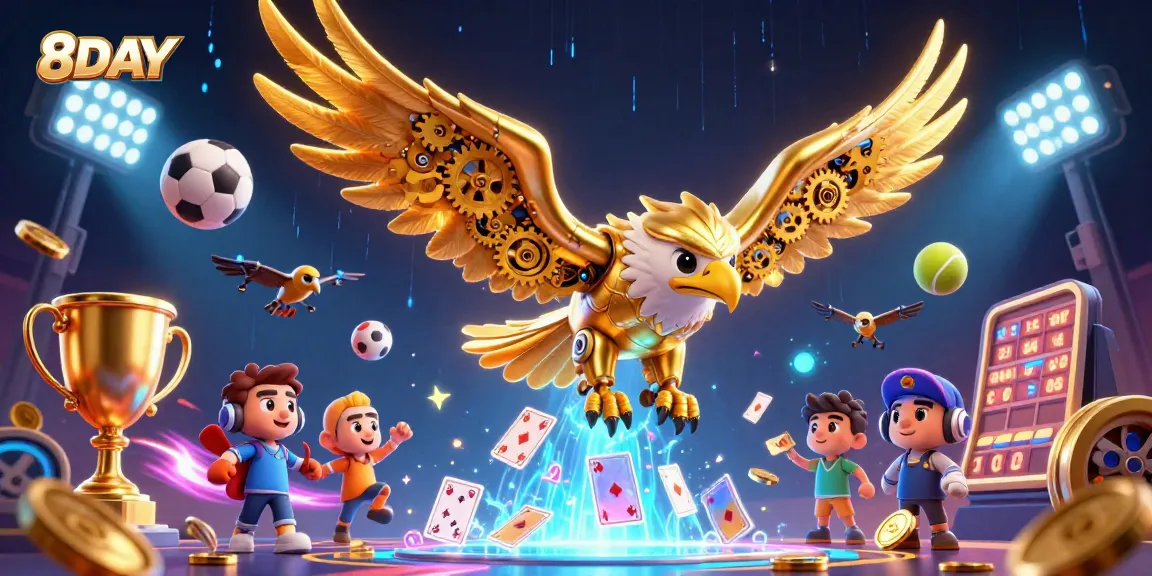 Engage with 8DAY's thrilling gambling action featuring a cybernetic eagle amidst dynamic sports elements.
