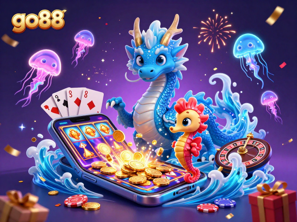 Experience go88 excitement with a vibrant dragon and knight amidst casino action.