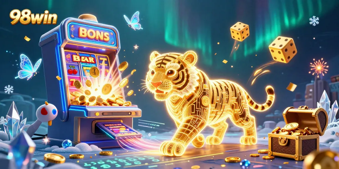 Experience thrilling gameplay at 98win with a colorful casino scene featuring dazzling jackpots and vibrant characters.