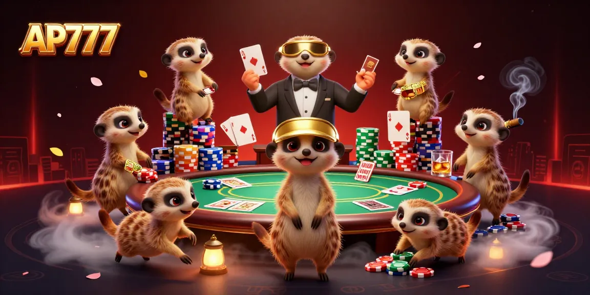 Experience the excitement of AP777 as meerkats run a vibrant casino, complete with poker chips and cards.