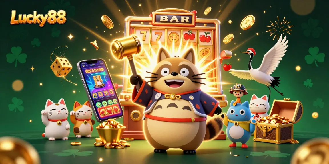 Experience thrilling wins with Lucky88's vibrant casino scene featuring a lucky tanuki and colorful symbols