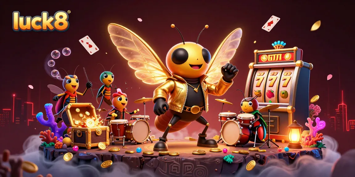 Spin the reels at luck8 with a vibrant 3D illustration featuring a cicada rock star, jackpot elements, and gold treasures.