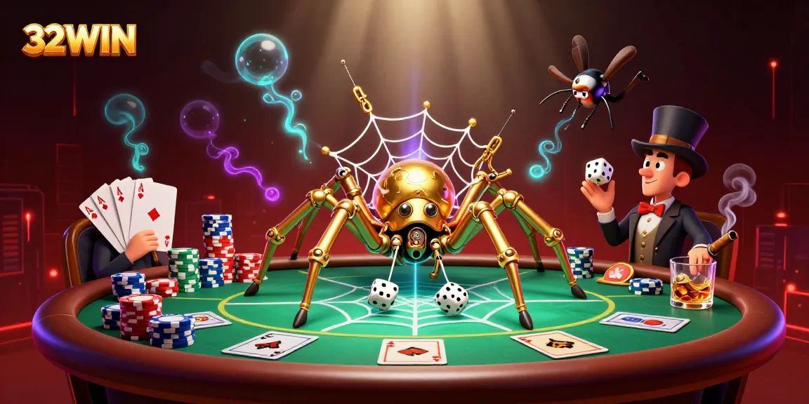 Engage with 32WIN's thrilling casino experience featuring a steampunk spider and poker elements.