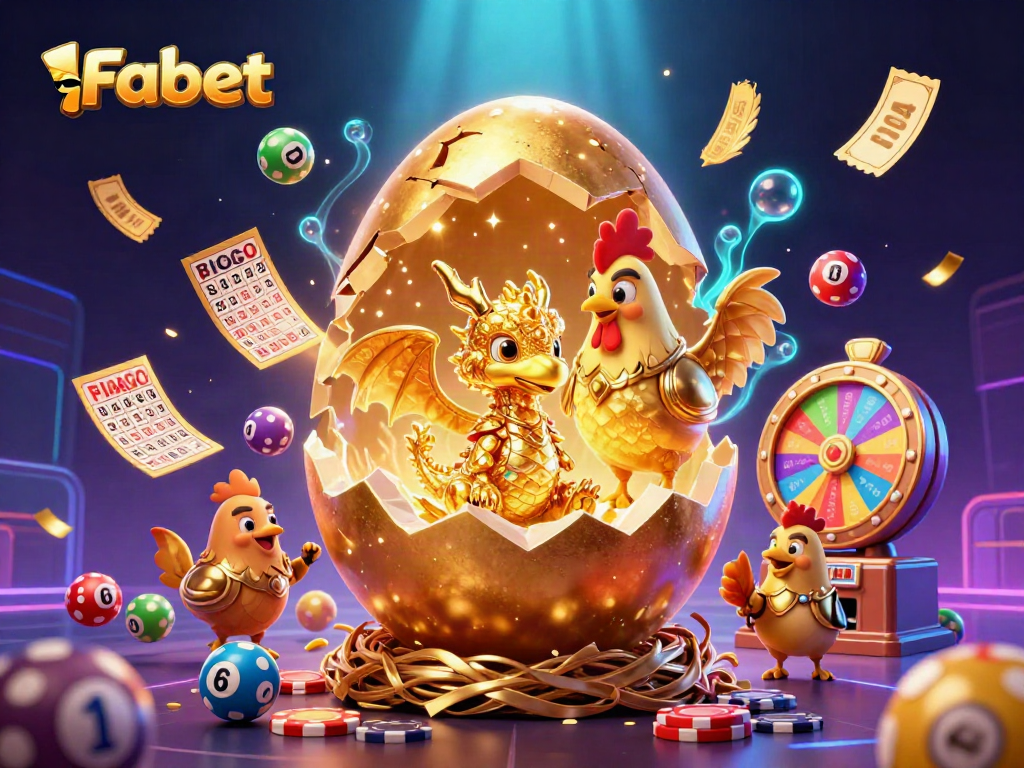 Fabet features a golden dragon emerging from a nest of poker chips amidst colorful casino elements and a vibrant backdrop.