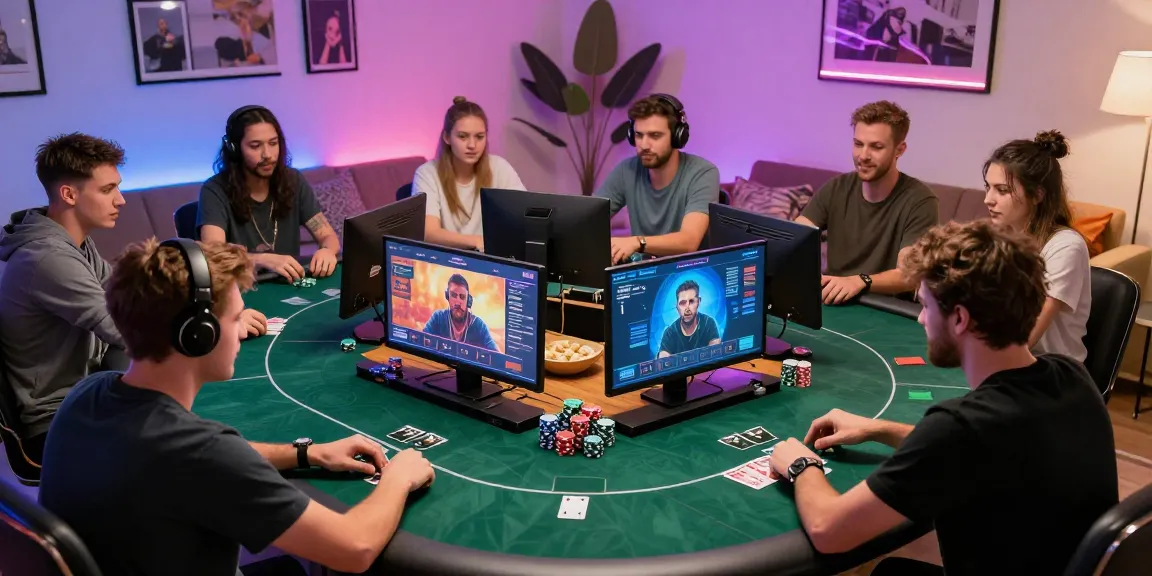 Dewapoker players enjoying an exciting online poker game in a lively home setting.