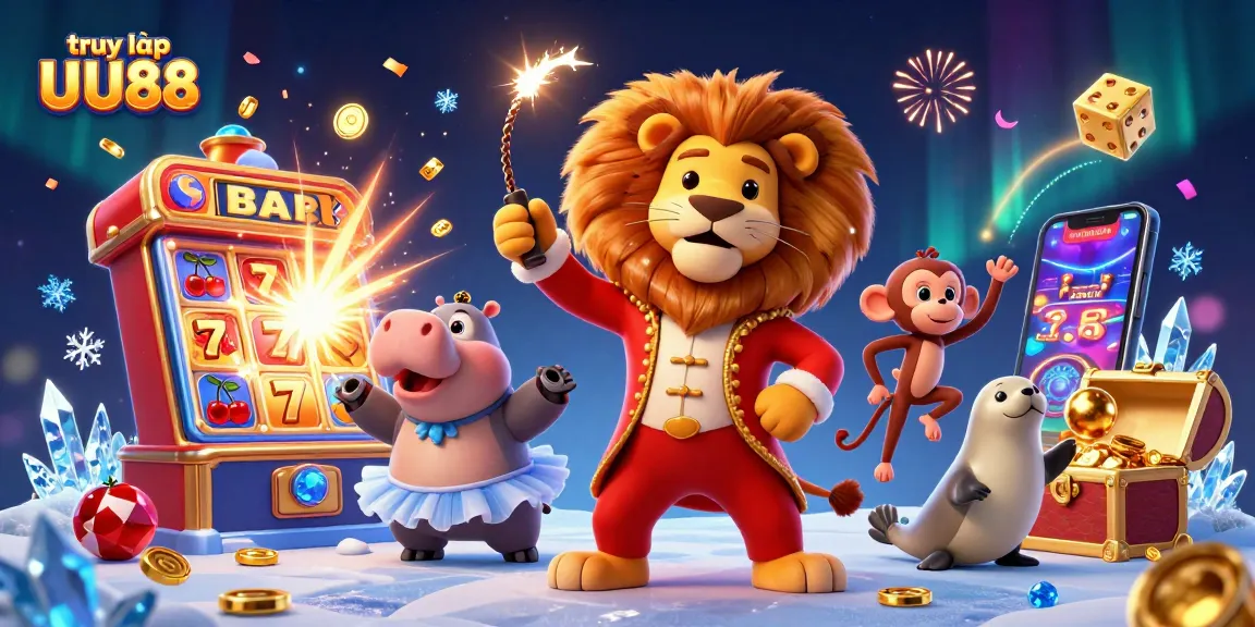 Win big at UU88 with exciting games and vibrant visuals featured in this dynamic 3D illustration.