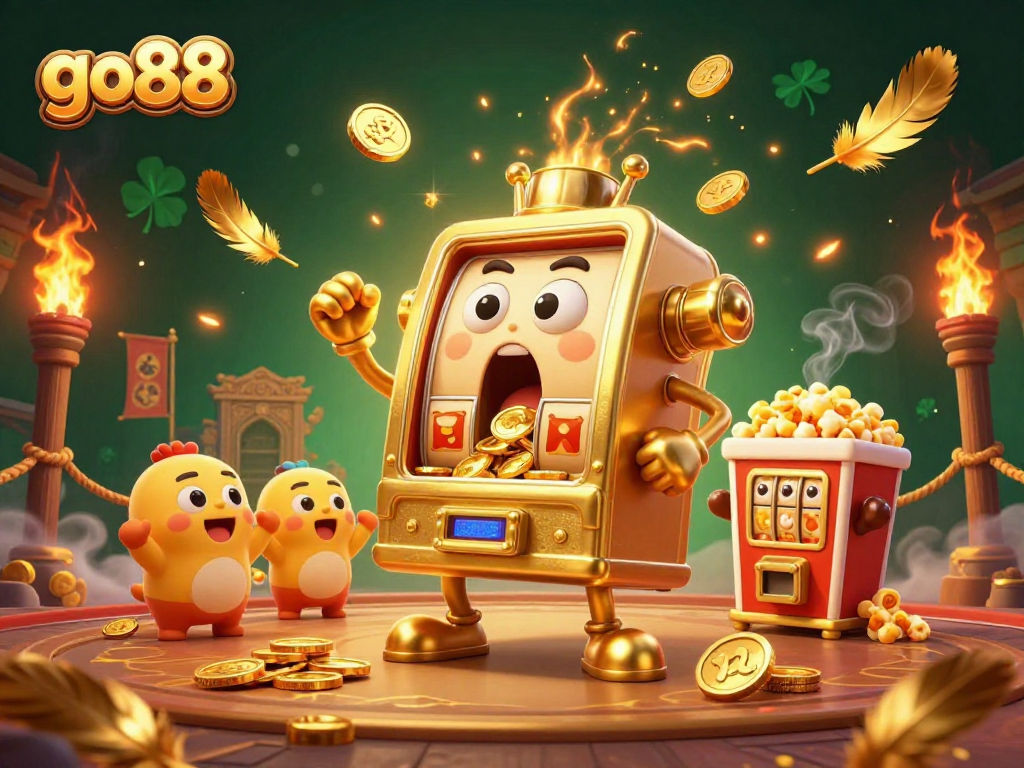 go88 showcases an animated golden slot machine winning its jackpot amidst fun casino elements.