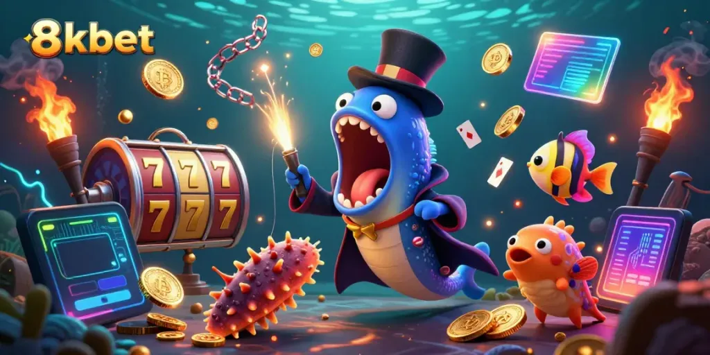 Experience the vibrant online gambling world with 8xbet's fantasy scene featuring deep-sea creatures and gambling elements.