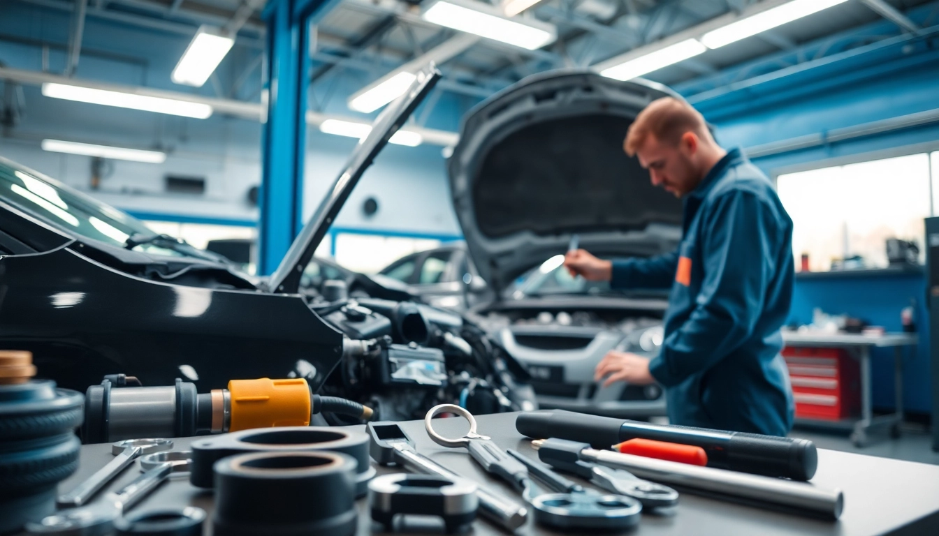 Motorschaden Ankauf: Mechanic inspecting a damaged car engine in a bright automotive repair shop.