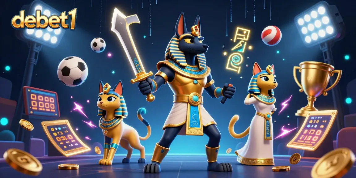 Bet on sports with debet1: a vibrant scene featuring Anubis and Bastet among dynamic sports elements.