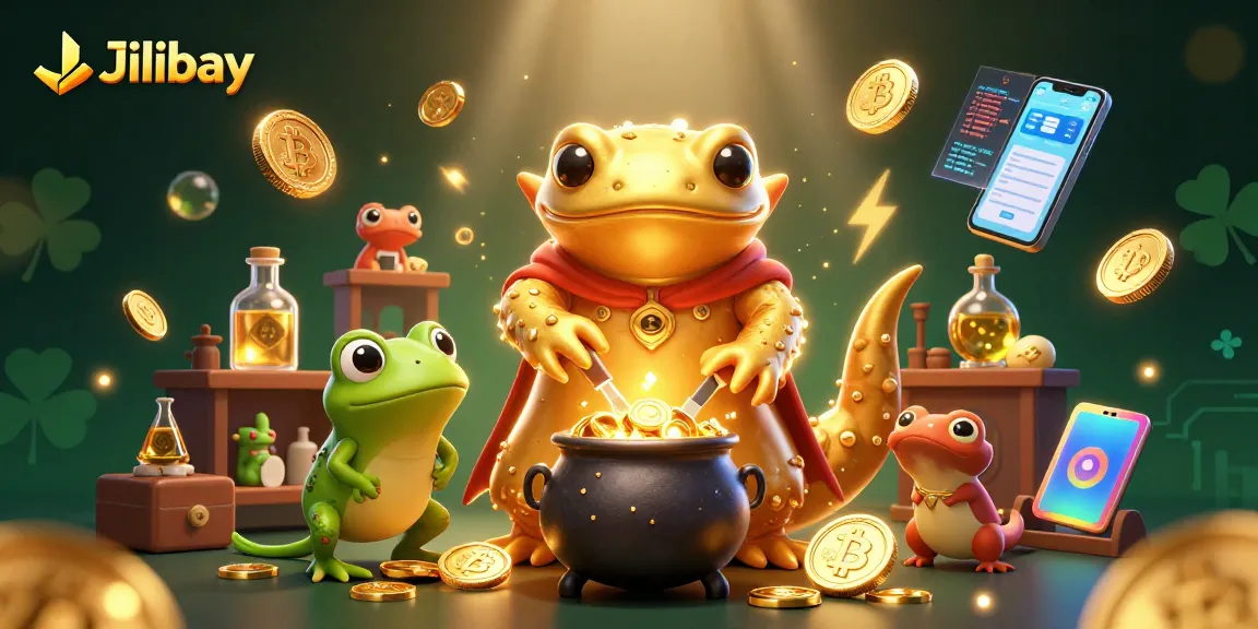 Jilibay enhances your gaming journey with a 3D alchemist, crafting gold amid glimmering crypto elements.