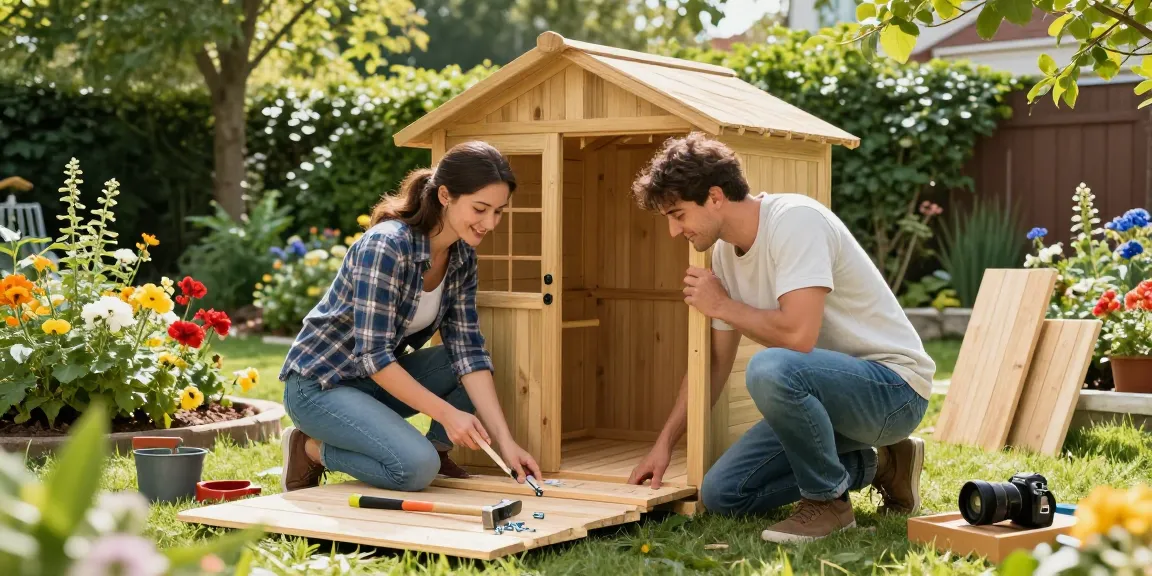 Gartenhaus kaufen: Ein Paar baut erfreut ein Holz-Gartenhaus im Garten zusammen.