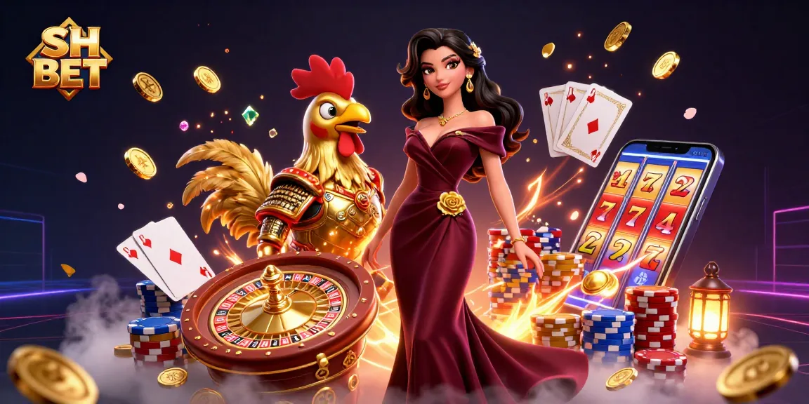 Engage with thrilling casino action at SH BET featuring a glamorous woman and golden rooster warrior.